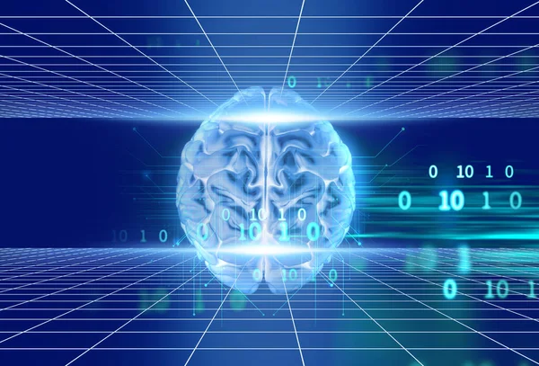 技术背景下人脑的3D渲染代表人工智能和网络空间的简洁 — 图库照片