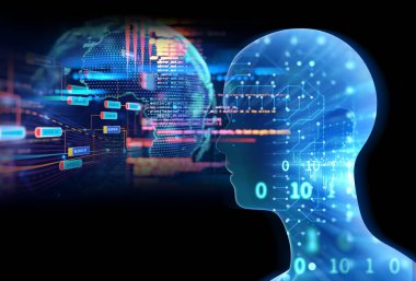 Yapay zekanın kavramsal geçmişi, insanlar ve siber iş programlama teknolojisi unsuru, 3D illüstrasyon