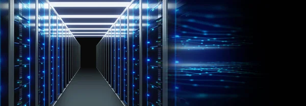 3D illustration banner  of server room in data center full of telecommunication equipment,concept of big data storage and  cloud hosting technology