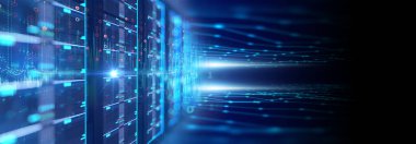 Telekomünikasyon ekipmanlarıyla dolu veri merkezindeki sunucu odasının 3 boyutlu illüstrasyon pankartı, büyük veri depolama kavramı ve bulut sunucu teknolojisi