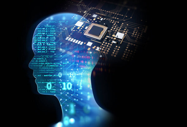 3d rendering of artificial human and  microchip ,concept of neural network and relationship between human brain and microchip