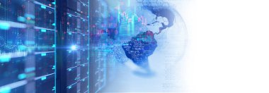 Telekomünikasyon ekipmanlarıyla dolu veri merkezindeki sunucu odasının 3 boyutlu illüstrasyon pankartı, büyük veri depolama kavramı ve bulut sunucu teknolojisi