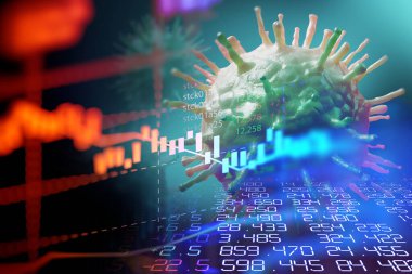 Siluet covid 19 virüs ve virüsün dünya çapında yayılan finansal grafik konsepti küresel ekonomik krizleri etkiliyor. 3d illüstrasyon