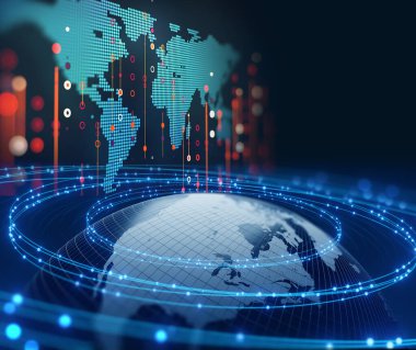 Dünyanın yüksek teknolojili fütüristik teknolojiyle 3 boyutlu canlandırılması soyut arka plan, modern veri bilimi kavramı