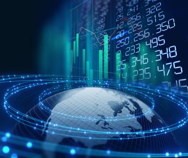 Dünyanın yüksek teknolojili fütüristik teknolojiyle 3 boyutlu canlandırılması soyut arka plan, modern veri bilimi kavramı