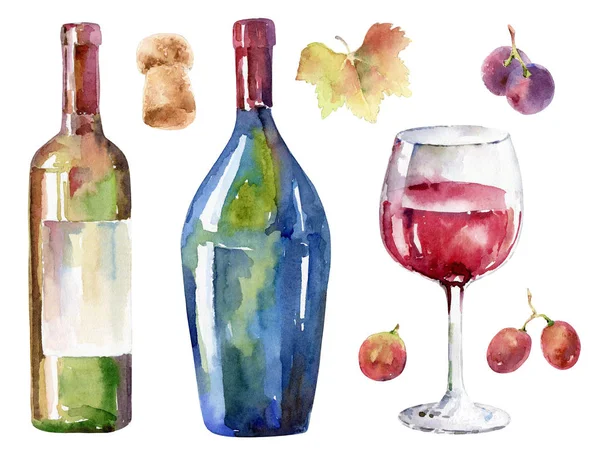 Rysowane ręcznie zestaw do wina. Akwarela, ilustracja — Zdjęcie stockowe