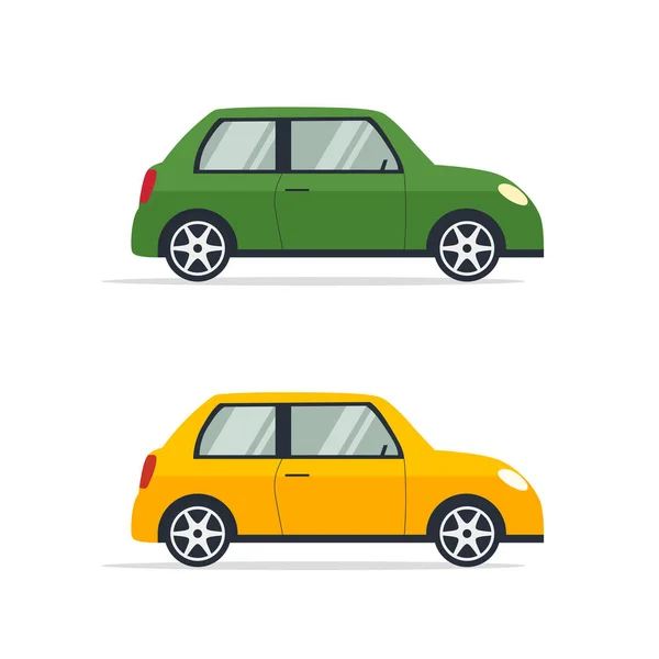 Δύο φωτεινά χρωματισμένα αυτοκίνητα σε επίπεδη στυλ — Διανυσματικό Αρχείο