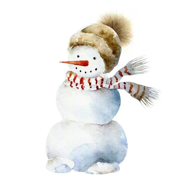 スカーフと帽子で水彩の雪だるま。クリスマスの水彩イラスト — ストック写真