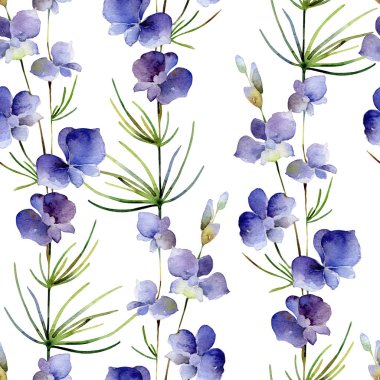 Beyaz arka plan üzerinde delphinium çiçek ile dikişsiz desen