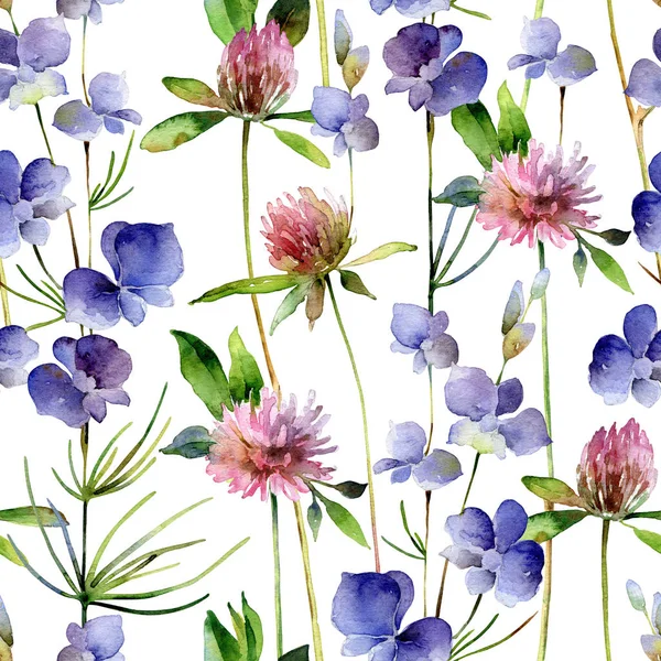 Aquarelle motif sans couture avec fleurs de delphinium et fleurs de trèfle — Photo