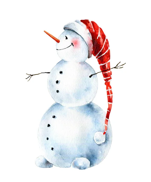 Watercolor christmas cheerful snowman in cap — Stock Photo, Image