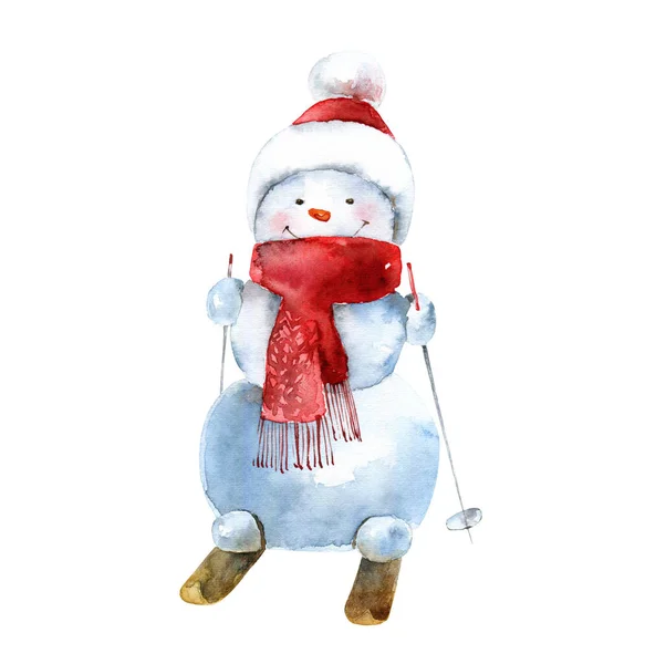 Watercolor cheerful snowman in hat and scarf goes skiing — Stock Photo, Image