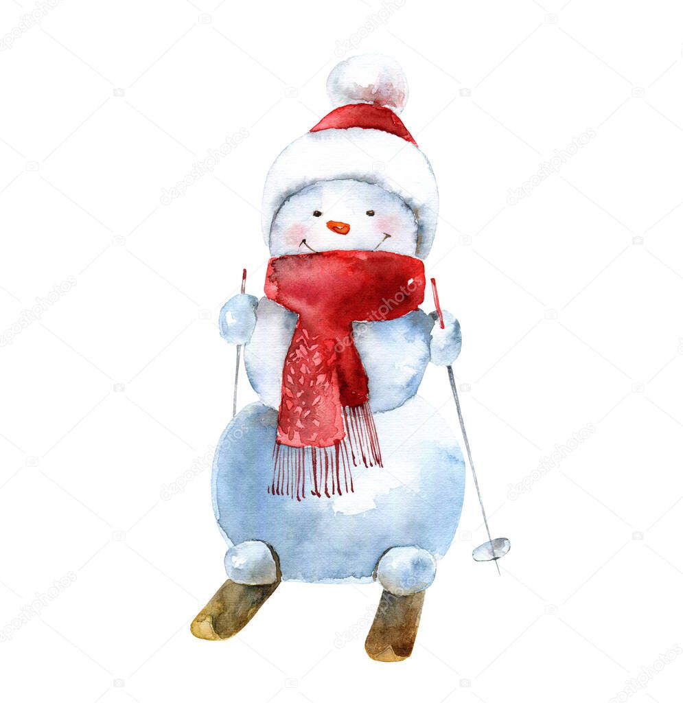 Watercolor cheerful snowman in hat and scarf goes skiing