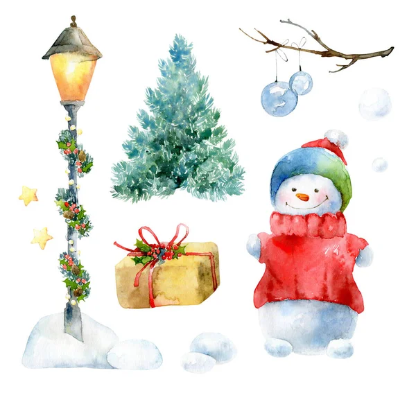 Watercolor Christmas set with snowman — Stock Photo, Image