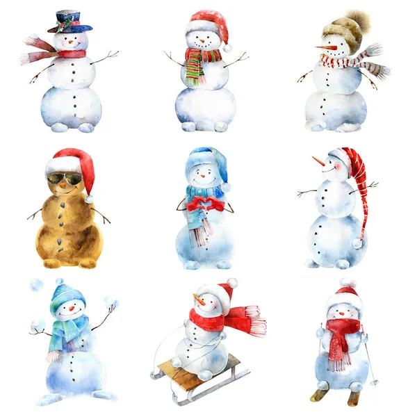 Watercolor set of snowmen on white background — Stock Photo, Image