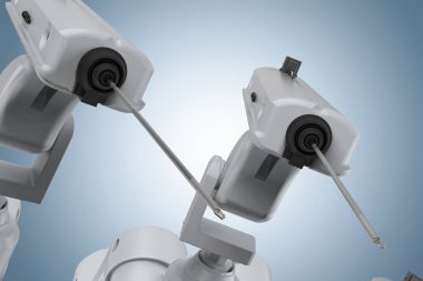 3D render robot cerrahi makinede mavi adam