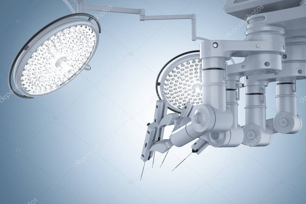 3d rendering robot surgery machine with surgery lights on blue backgroun
