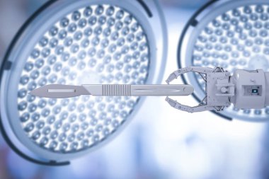 3d render robot el neşter ya da cerrahi bıçak tutarak