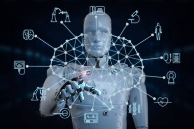 Tıbbi teknoloji kavramı ile 3d render AI robot tıbbi hud arabirimiyle çalışma