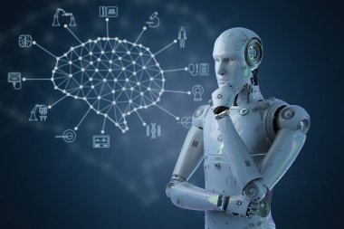 Tıbbi teknoloji kavramı ile 3d render AI robot tıbbi hud arabirimiyle çalışma
