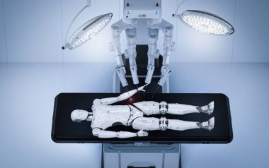 3D render robot cerrahi makine bakım AI cyborg