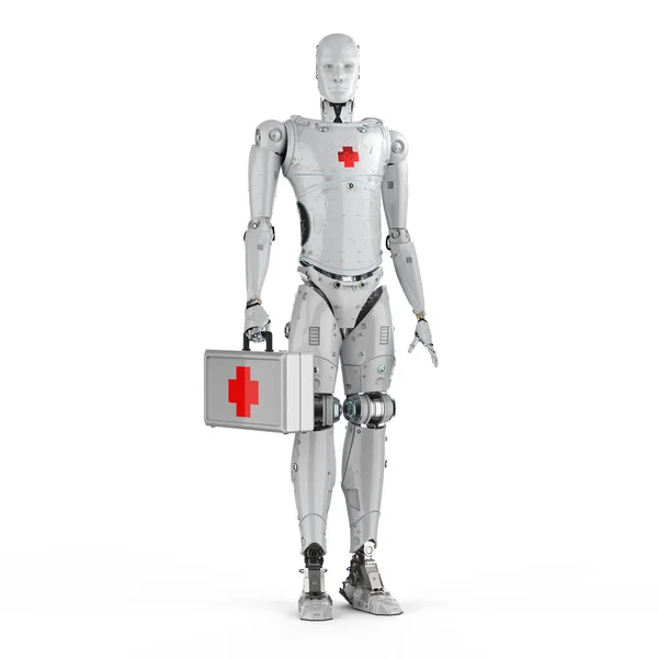Rendering Medical Robot Red Cross Sign White Backgroun — Stock Photo, Image