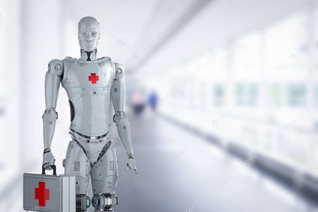 3d rendering medical robot with red cross sign holding medical case