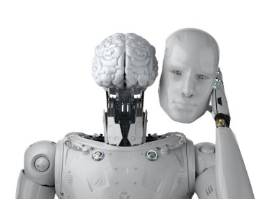 3D render robot üzerinde beyaz izole AI beyin teknolojisi ile
