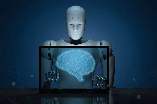 Rendering Robot Working Computer Notebook Brai — Stock Photo, Image