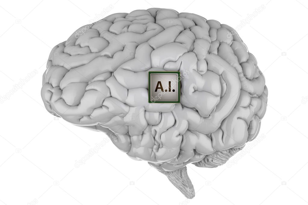 3d rendering cpu with ai brain isolated on white