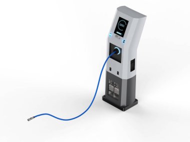 3d render elektrikli araç şarj istasyonu üzerinde beyaz adam