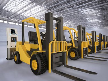 3D render forklift kamyon ile elektrik şarj istasyonu şarj