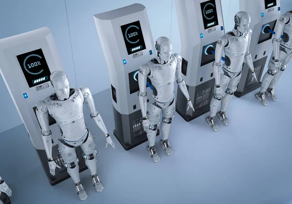 Renderizado Robots Carga Con Estación Carga Eléctrica — Foto de Stock