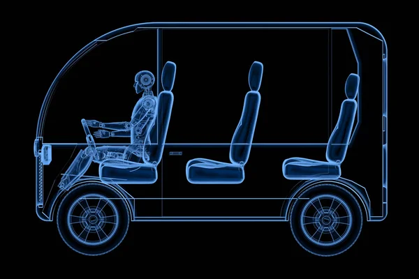 3d rendering x ray robot driving mini bus isolated on black