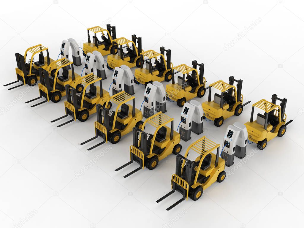 3d rendering forklift trucks charge with electric charging station