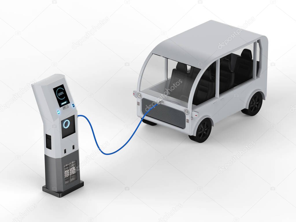 3d rendering shuttle bus charges with electric charging station