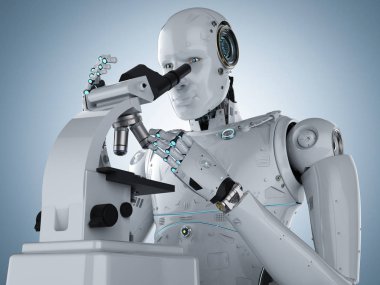 3d render robot mikroskopla üzerinde mavi arka plan çalışma