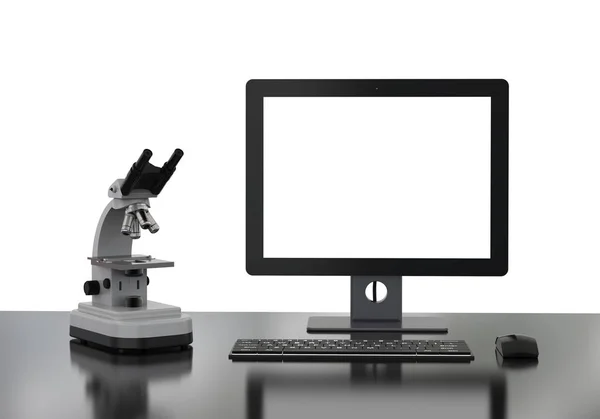 3d rendering microscope or optical instrument with blank monitor on white background