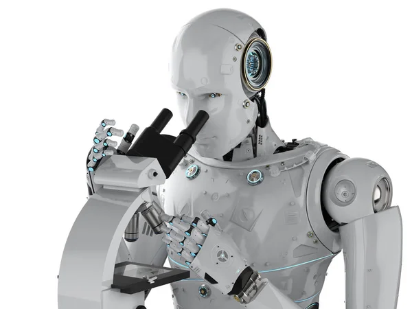 Robot Representación Trabajando Microscopio Aislado Blanco — Foto de Stock