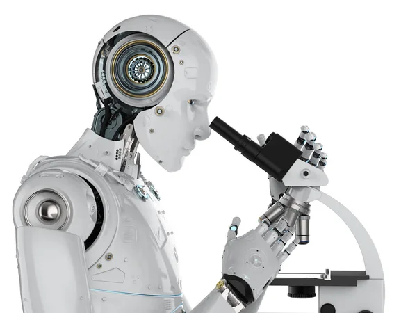 Rendering Robot Working Microscope Isolated White — Stock Photo, Image