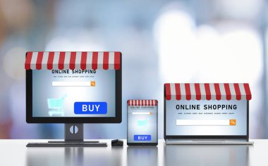 3D render tablet, bilgisayar ve dizüstü online alışveriş için arabirimi görüntülemek