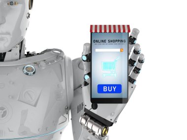 3d render AI robot cep telefonu online shoppin için holding