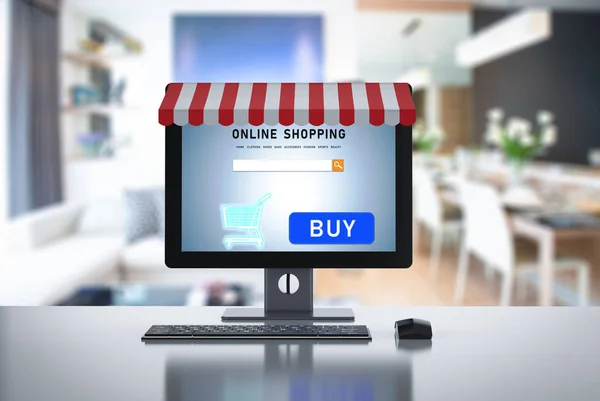 Online Shopping Koncept Med Rendering Stationär Dator Och Markis — Stockfoto