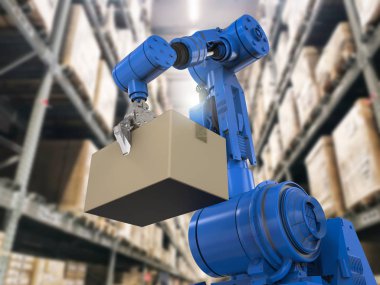 3D render robotik kol taşıyan depoda karton kutu