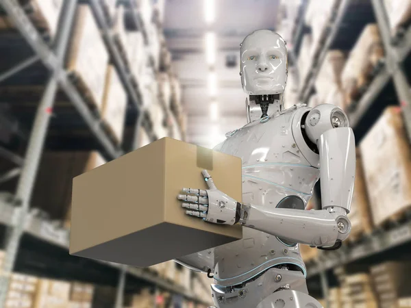 Rendering Humanoid Robotok Hordoz Raktár Karton Boxe — Stock Fotó