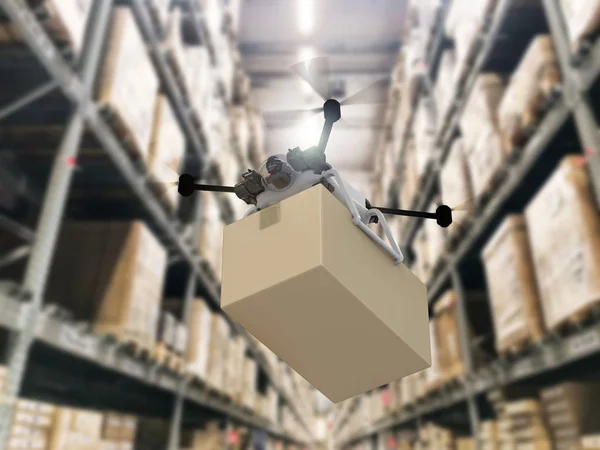Rendering Levering Drone Bedrijf Kartonnen Doos Het Magazijn — Stockfoto