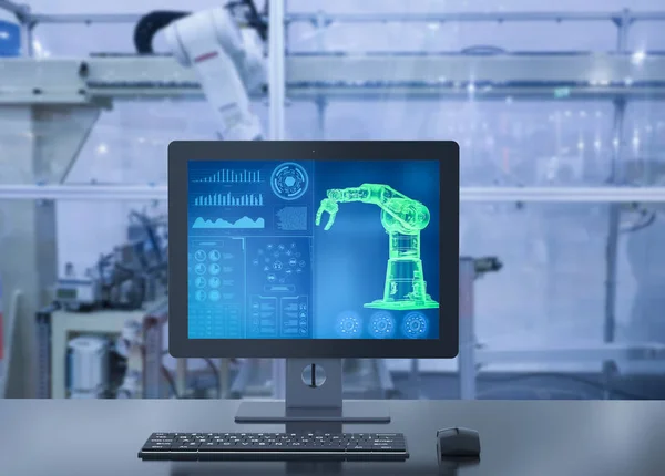 Automatyzacja Robota System Wyświetlania Renderowania Komputer Fabryce — Zdjęcie stockowe