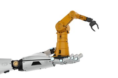 3d render cyborg el Sarı robot kol beyaz arka plan üzerinde tutarak