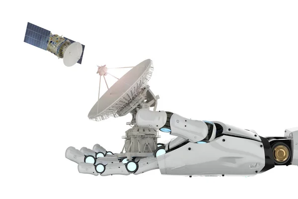 Telekomunikační Technologie Koncept Vykreslování Robotické Ruky Držící Satelitní Parabolu — Stock fotografie