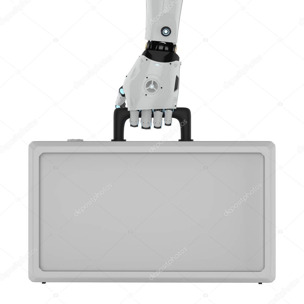 3d rendering robotic hand holding briefcase or suitcase on white background